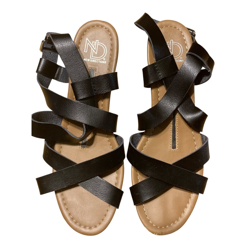 New Directions Womens Strappy Wedge Sandals Black Faux Leather‎ Size 9 Low Heel